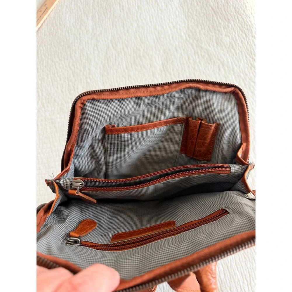 Spikes & Sparrow Cognac Brown Leather Backpack Purse Houndstooth Lining Bag
